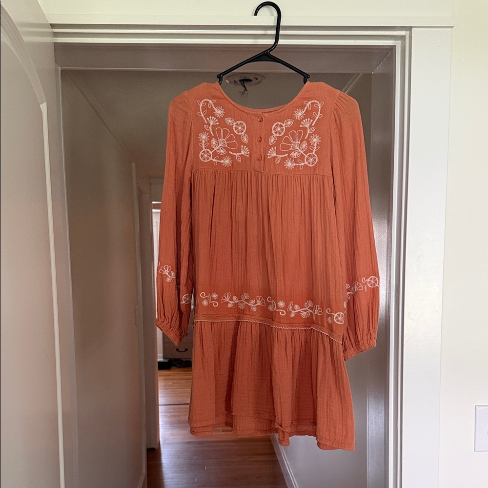 Peek Long-Sleeve Embroidered Tiered Dress - Rust Orange